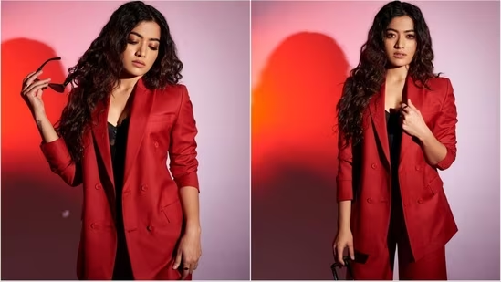 Rashmika Mandana wows fans with her stunning red-hot pantsuit look.