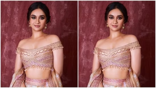 In an off-shoulder blouse, matching skirt with floral details and a dupatta, Keerthy made her fans drool.