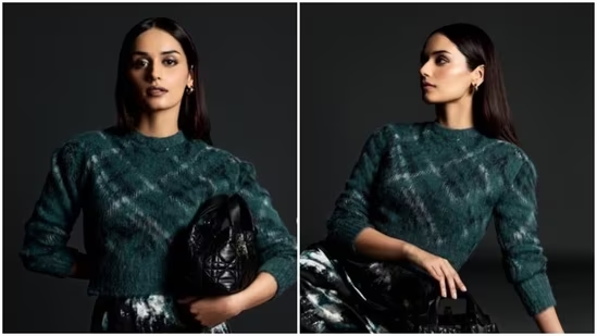 Manushi decked up in a sweater and a pencil skirt as she posed with a black leather bag from Dior.