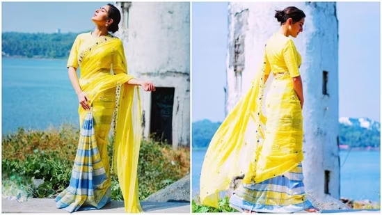 Sara Ali Khan’s sartorial elegance shines in a stunning sunshine yellow handwoven saree at IFFI 2023.