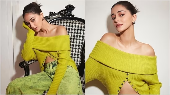 Ananya Panday shows how to give winter wear vibrant twist in green denim jeans, off-shoulder top.