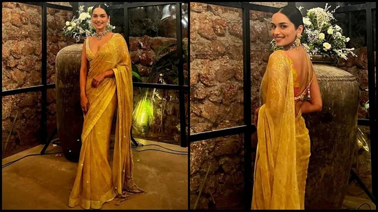 Manushi Chhillar shines in viral laddoo peela colour saree, slays the gold trend with stunning elegance.