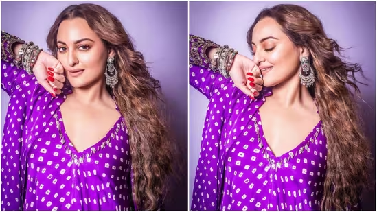 Sonakshi Sinha seamlessly fuses tradition with a modern touch in stunning purple Bandhani printed kaftan ensemble. Pics